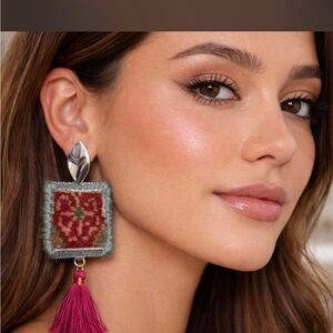 Silver and pink Tassel rug Earrings